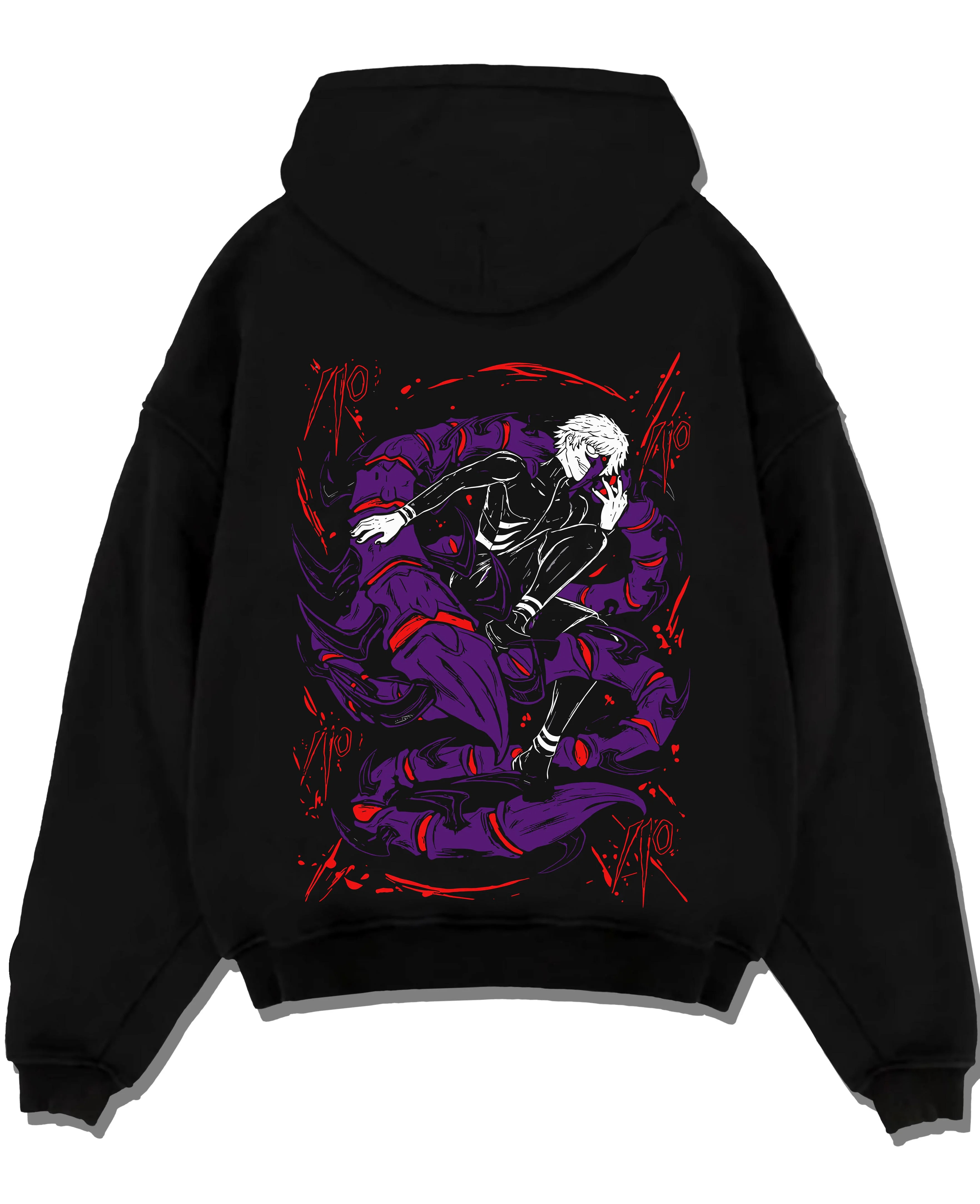 Black pullover hoodie laid flat with Kaneki Ken Hoodie Tokyo Ghoul Masked Half Ghoul graphic bold anime graphic.