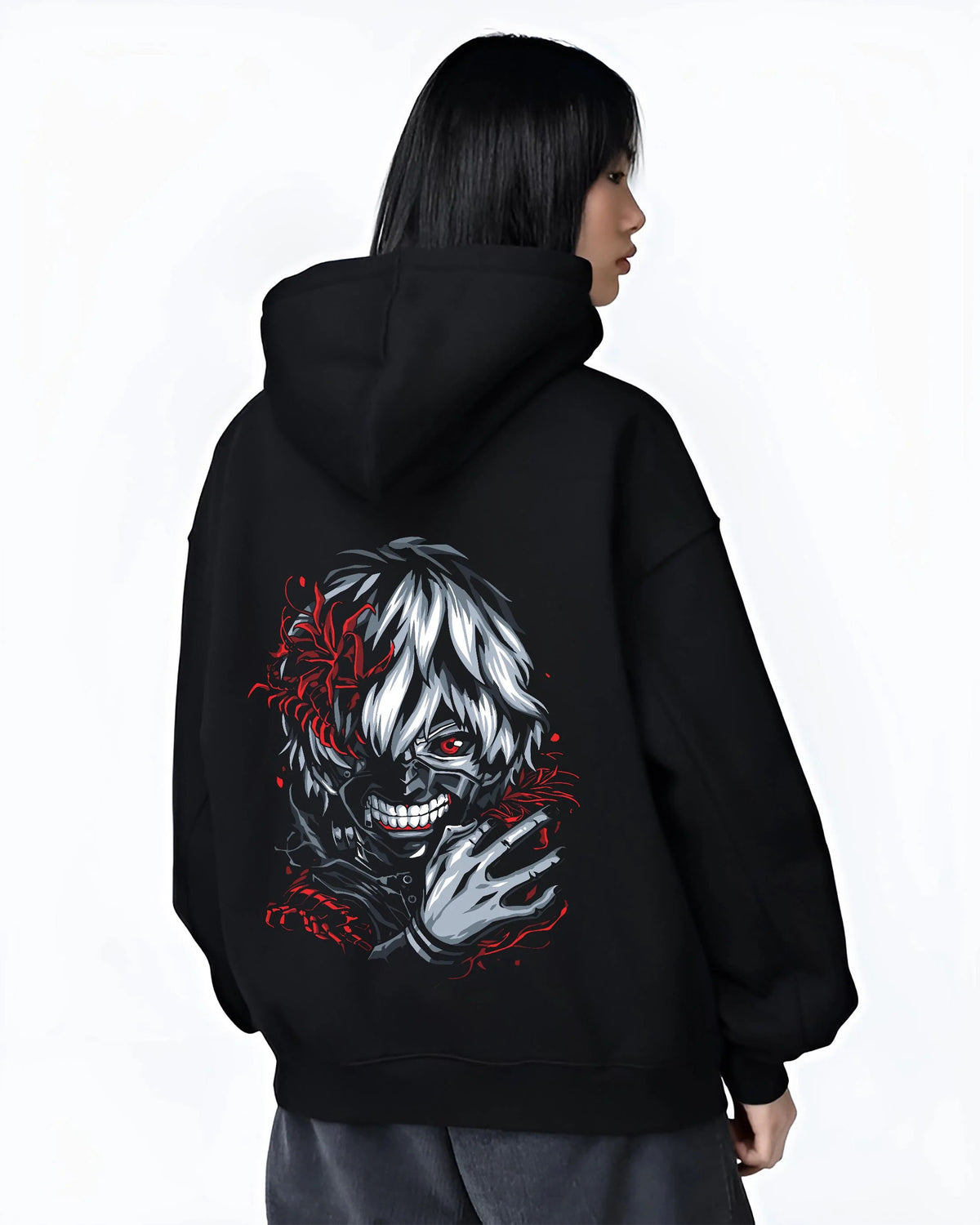 Black hoodie worn by female model from the back featuring Ken Kaneki kagune awakening artwork.