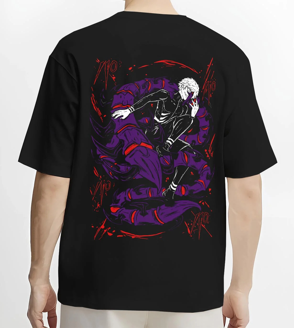 Black T-shirt worn by male model, back view with Kaneki Ken Hoodie Tokyo Ghoul Masked Half Ghoul graphic premium wear.