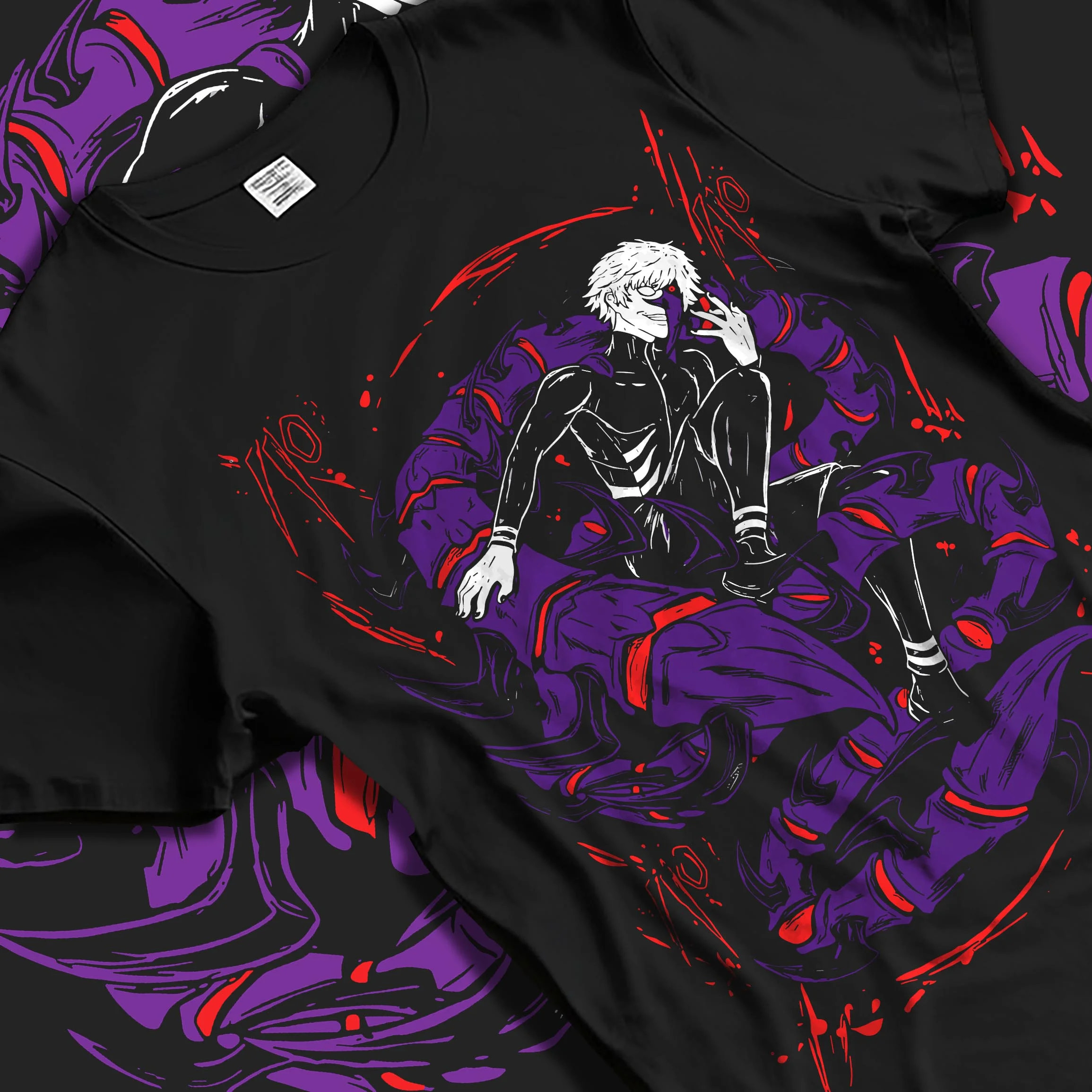 Black T-shirt laid flat with natural folds with Kaneki Ken Hoodie Tokyo Ghoul Masked Half Ghoul graphic streetwear graphic.