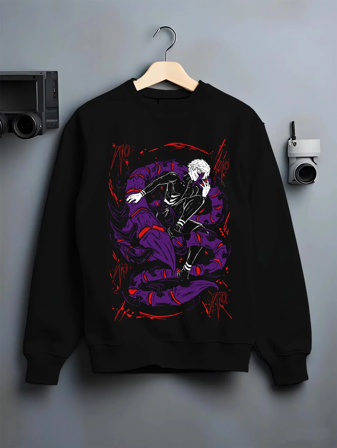 Black crewneck sweatshirt on hanger with Kaneki Ken Hoodie Tokyo Ghoul Masked Half Ghoul graphic streetwear graphic.