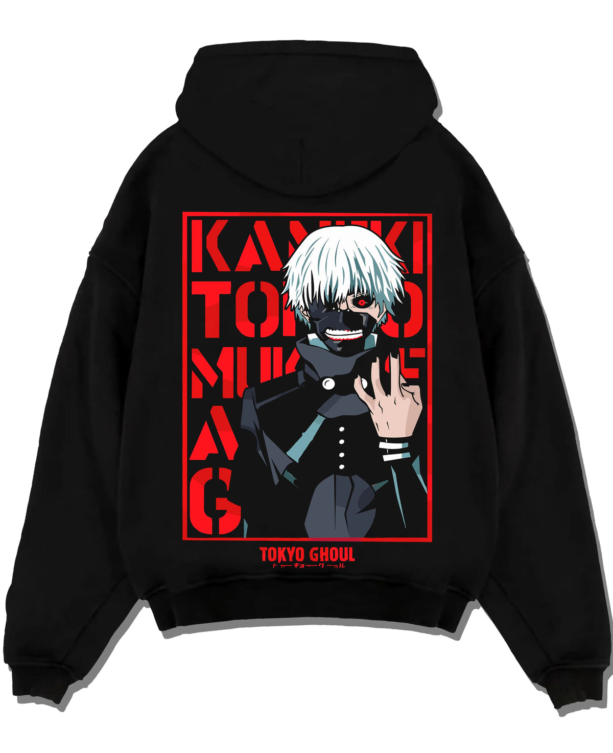 Black hoodie laid flat featuring Ken Kaneki one-eye ghoul portrait artwork.