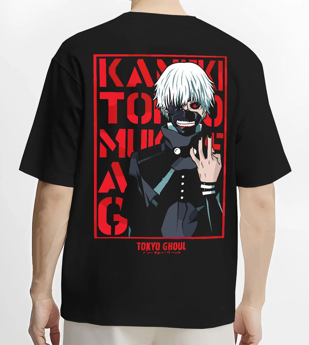 Black T-shirt worn by male model from the back featuring Ken Kaneki one-eye ghoul portrait artwork.