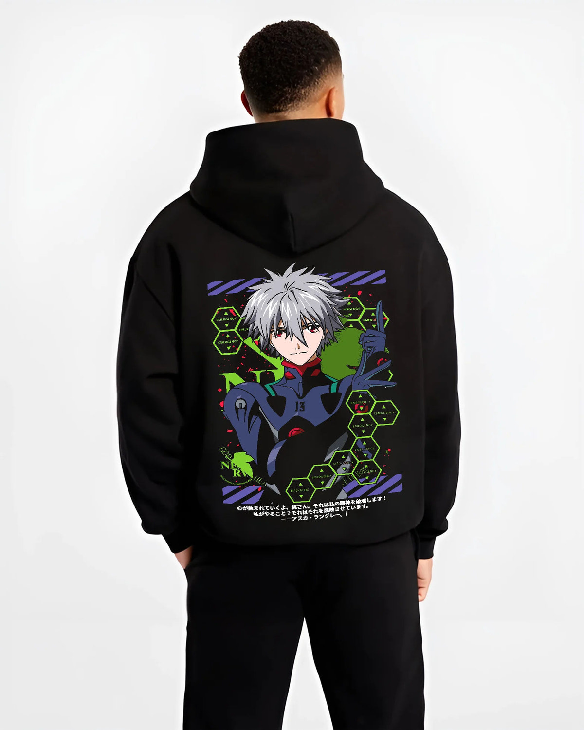 Black hoodie model back view with Kaworu Nagisa wearing EVA plugsuit from Evangelion illustrated back graphic