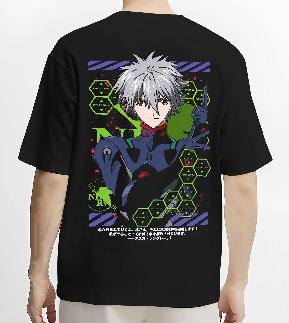 Black T-shirt model back view with Kaworu Nagisa wearing EVA plugsuit from Evangelion illustrated back graphic