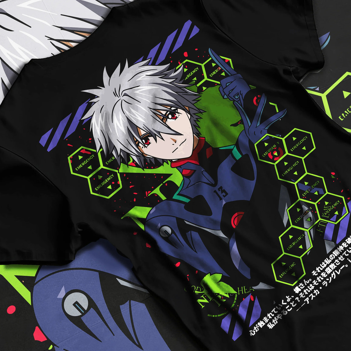 Black T-shirt flat back view with Kaworu Nagisa wearing EVA plugsuit from Evangelion illustrated back graphic