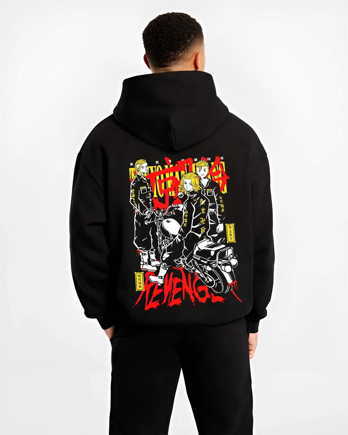 Black hoodie worn by male model from the back featuring Kazutora Hanemiya Valhalla gang artwork.