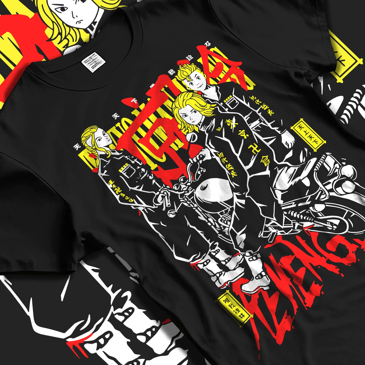 Black T-shirt laid flat with natural folds featuring Kazutora Hanemiya Valhalla gang artwork.