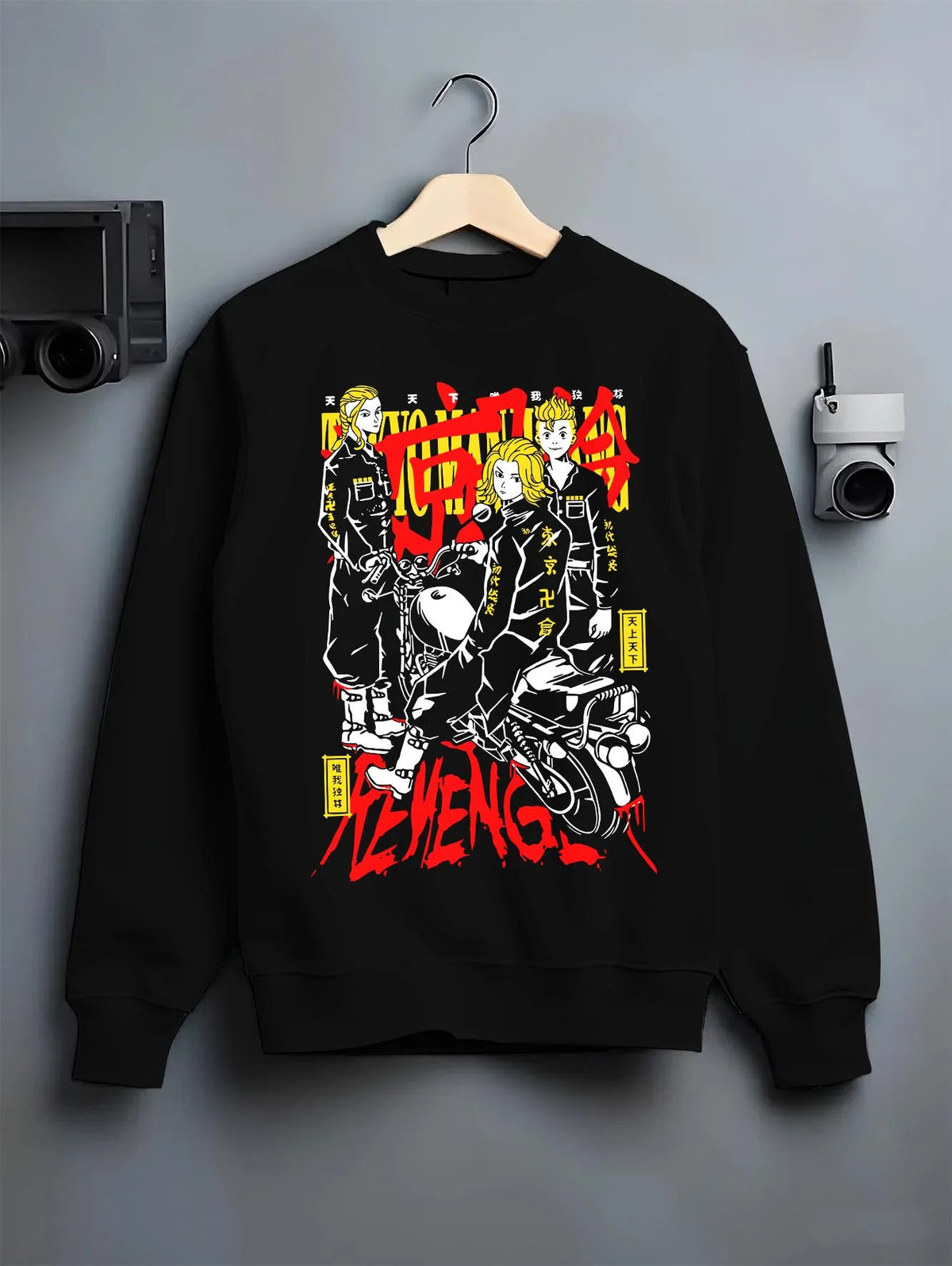 Black crewneck sweatshirt on hanger featuring Kazutora Hanemiya Valhalla gang artwork.