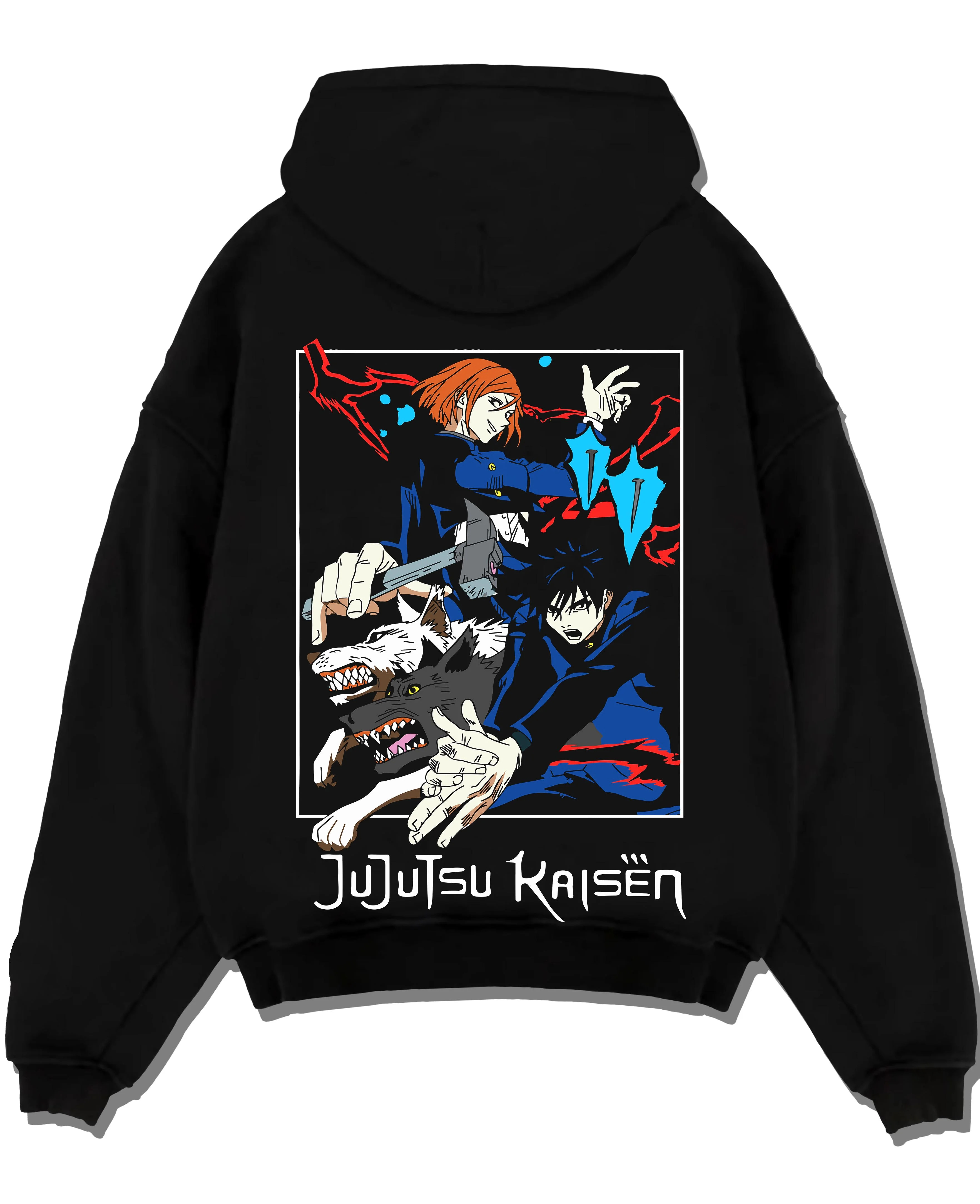 Black pullover hoodie laid flat with Kenjaku Hoodie Jujutsu Kaisen Cursed Spirit Sorcerer graphic streetwear graphic.