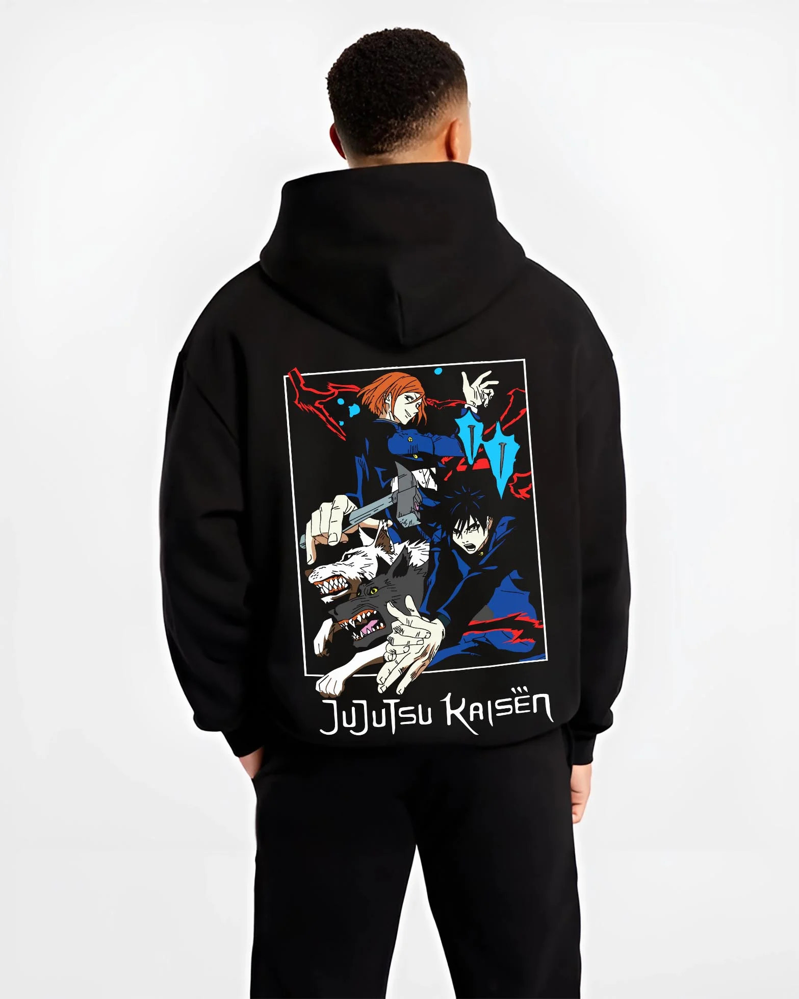 Black hoodie worn by male model, back view with Kenjaku Hoodie Jujutsu Kaisen Cursed Spirit Sorcerer graphic premium wear.
