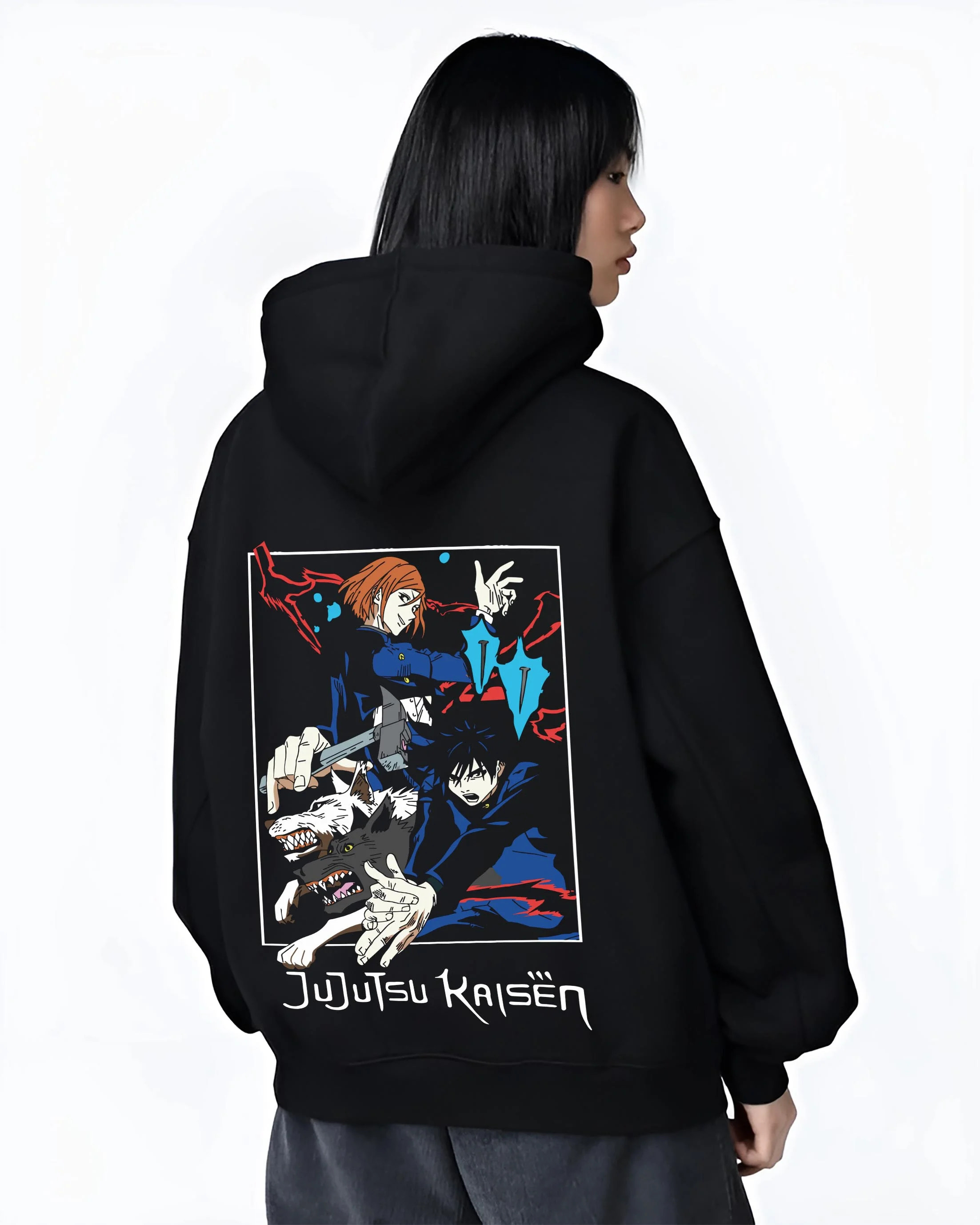 Black hoodie worn by female model, back view with Kenjaku Hoodie Jujutsu Kaisen Cursed Spirit Sorcerer graphic premium wear.