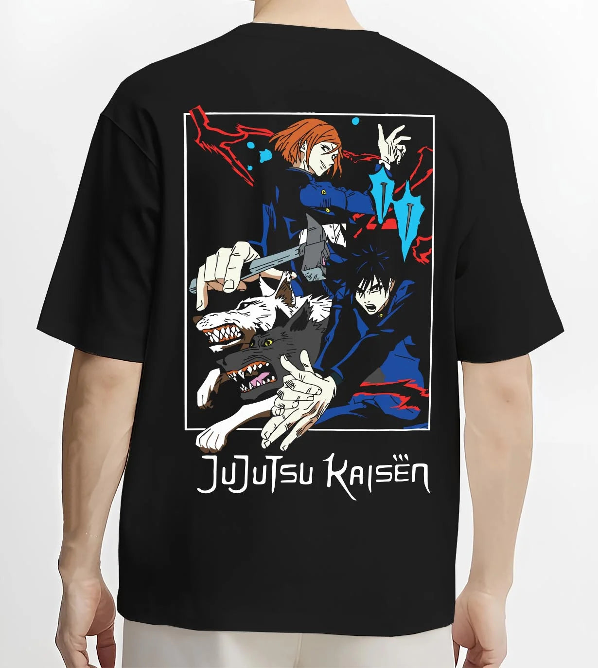 Black T-shirt worn by male model, back view with Kenjaku Hoodie Jujutsu Kaisen Cursed Spirit Sorcerer graphic bold anime graphic.