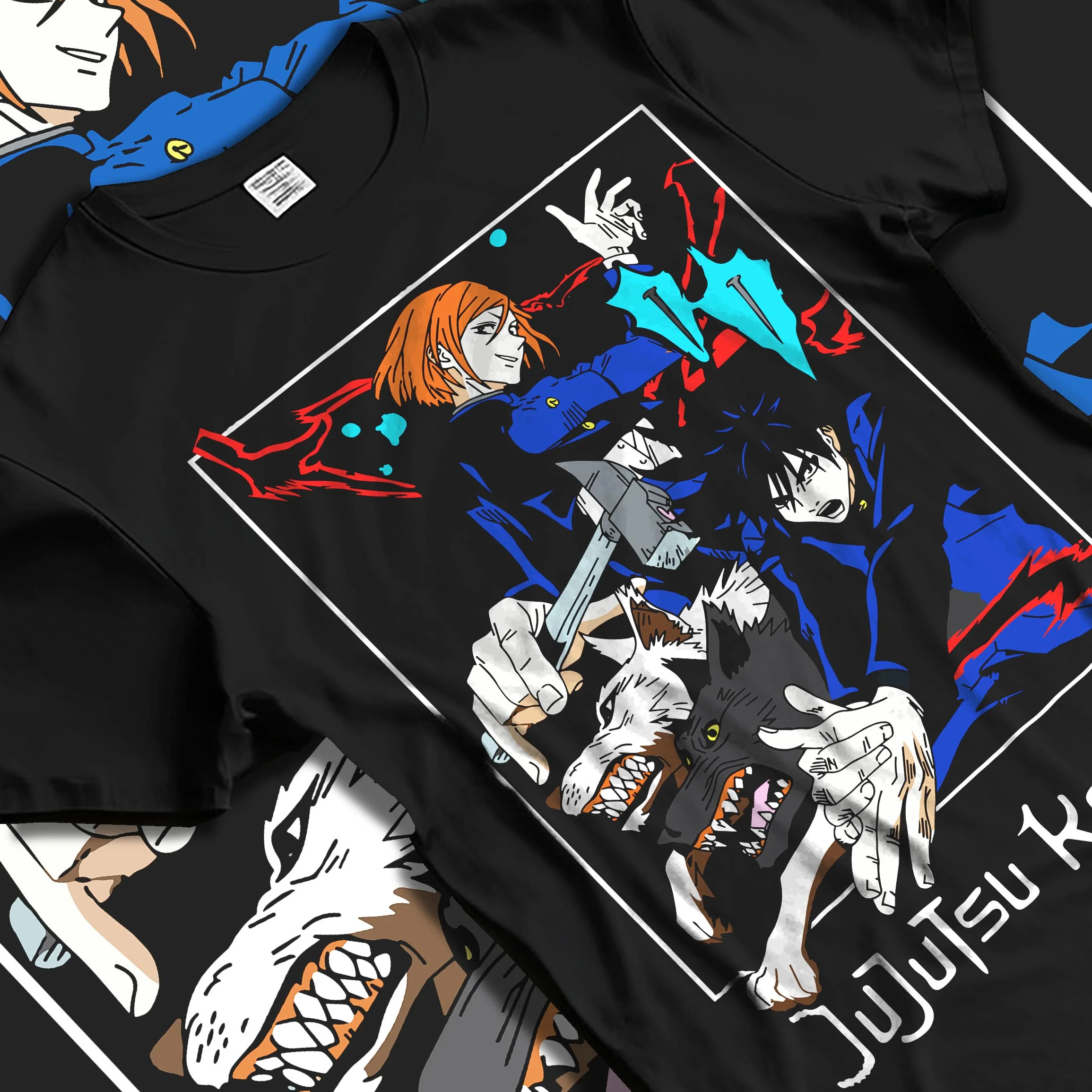 Black T-shirt laid flat with natural folds with Kenjaku Hoodie Jujutsu Kaisen Cursed Spirit Sorcerer graphic bold anime graphic.