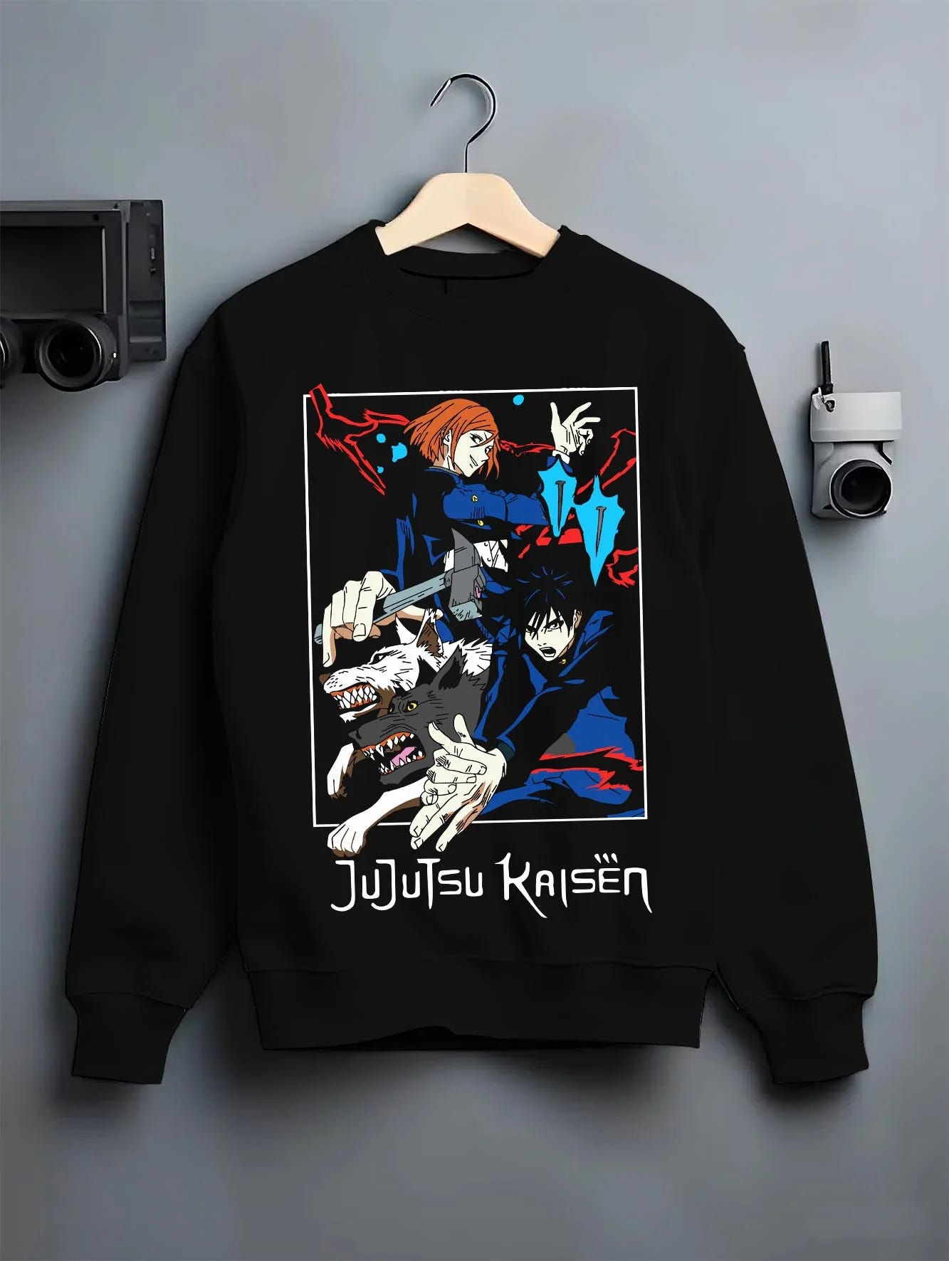 Black crewneck sweatshirt on hanger with Kenjaku Hoodie Jujutsu Kaisen Cursed Spirit Sorcerer graphic premium wear.