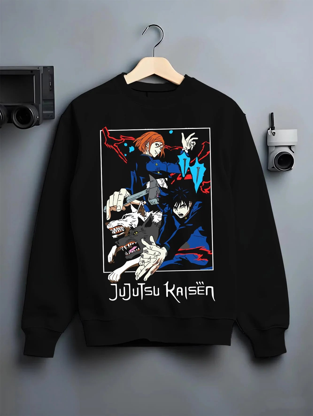 Black crewneck sweatshirt on hanger with Kenjaku Hoodie Jujutsu Kaisen Cursed Spirit Sorcerer graphic premium wear.