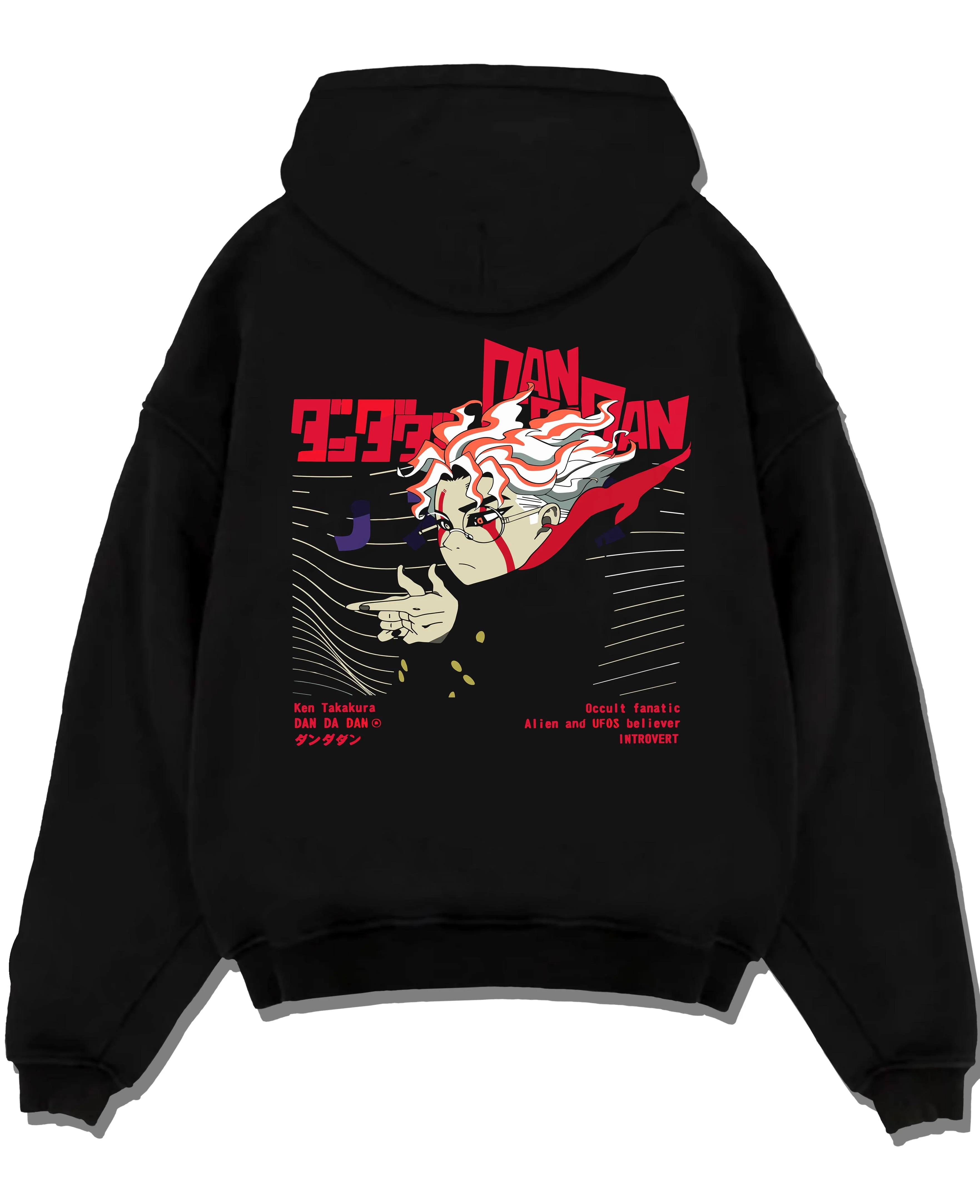 Black pullover hoodie laid flat with Ken Takakura Dandadan Hoodie Occult UFO Believer Retro graphic premium wear.