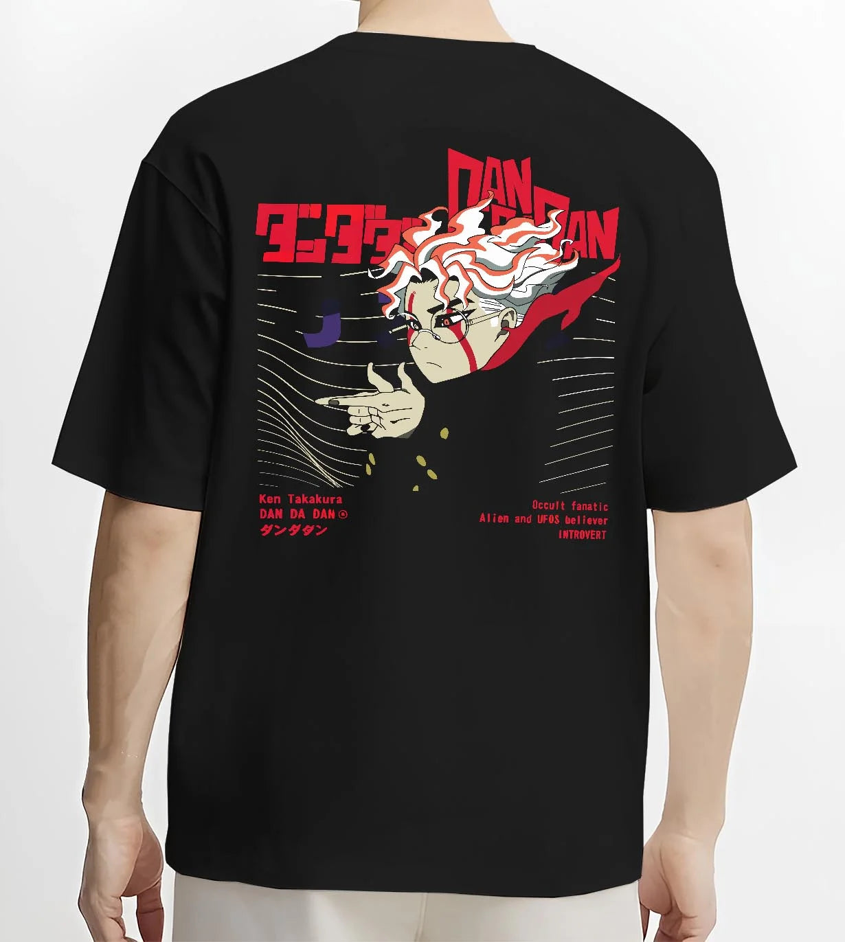 Black T-shirt worn by male model, back view with Ken Takakura Dandadan Hoodie Occult UFO Believer Retro graphic premium wear.