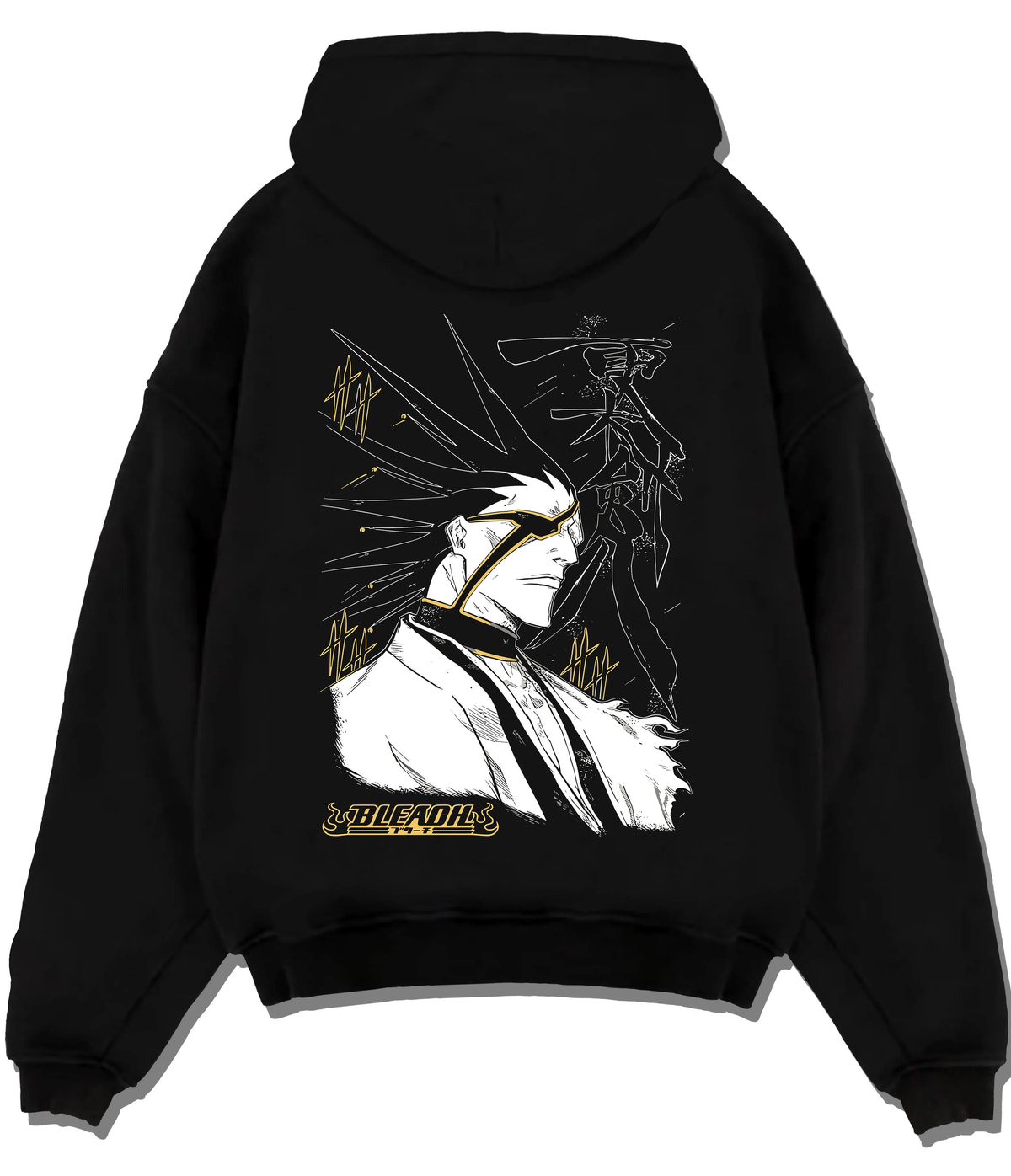 Black hoodie flat back view showing Kenpachi Zaraki from Bleach: eye patch, Captain haori and spiked hair