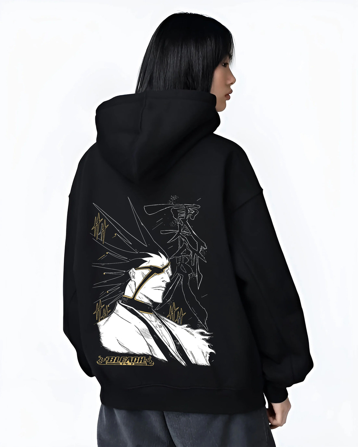 Black hoodie female model back view showing Kenpachi Zaraki from Bleach: eye patch, Captain haori and spiked hair