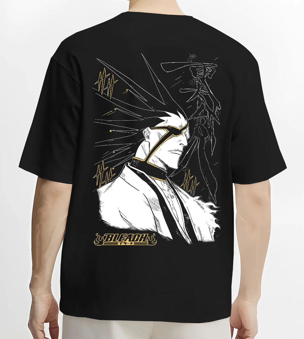 Black T-shirt model back view showing Kenpachi Zaraki from Bleach: eye patch, Captain haori and spiked hair