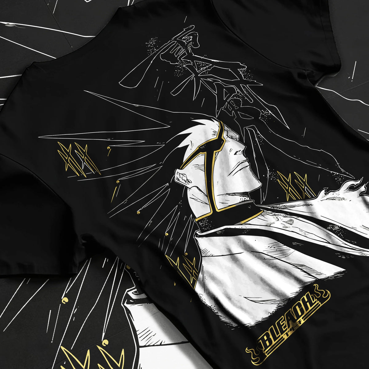 Black T-shirt flat back view showing Kenpachi Zaraki from Bleach: eye patch, Captain haori and spiked hair