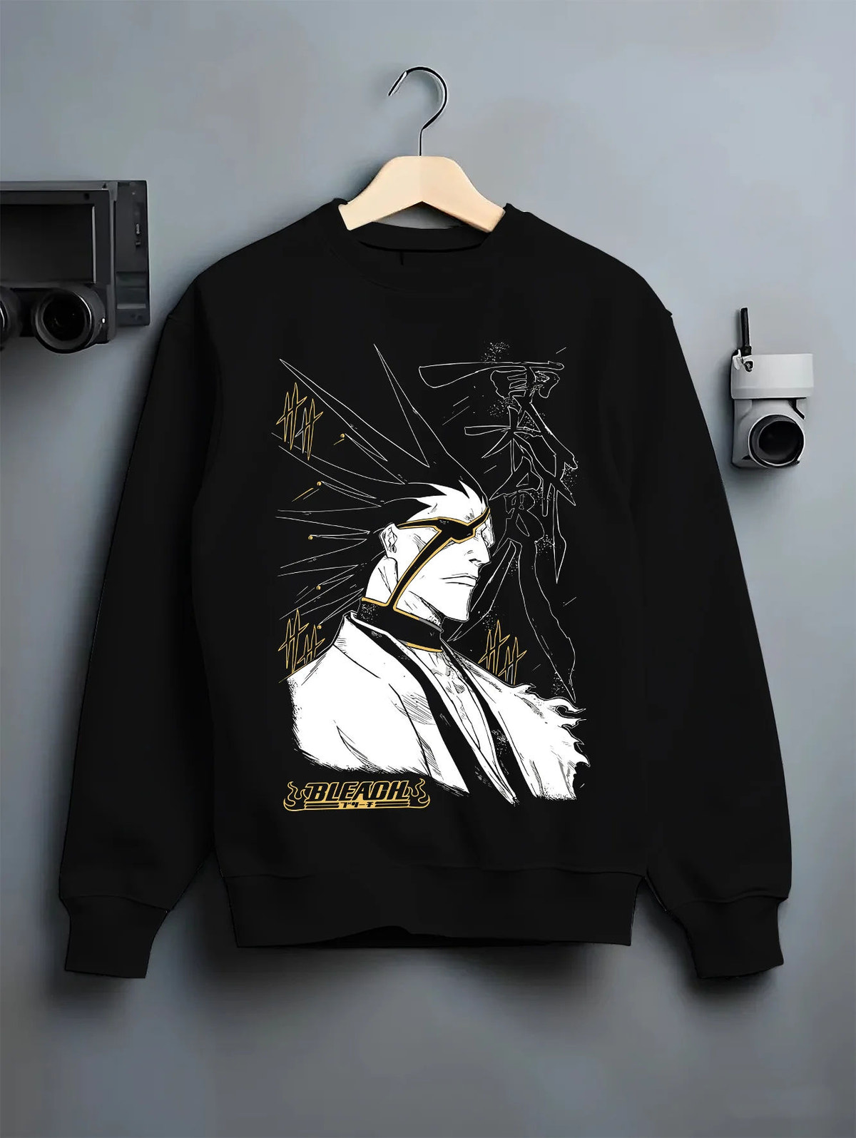 Black crewneck sweatshirt on hanger showing Kenpachi Zaraki from Bleach: eye patch, Captain haori and spiked hair