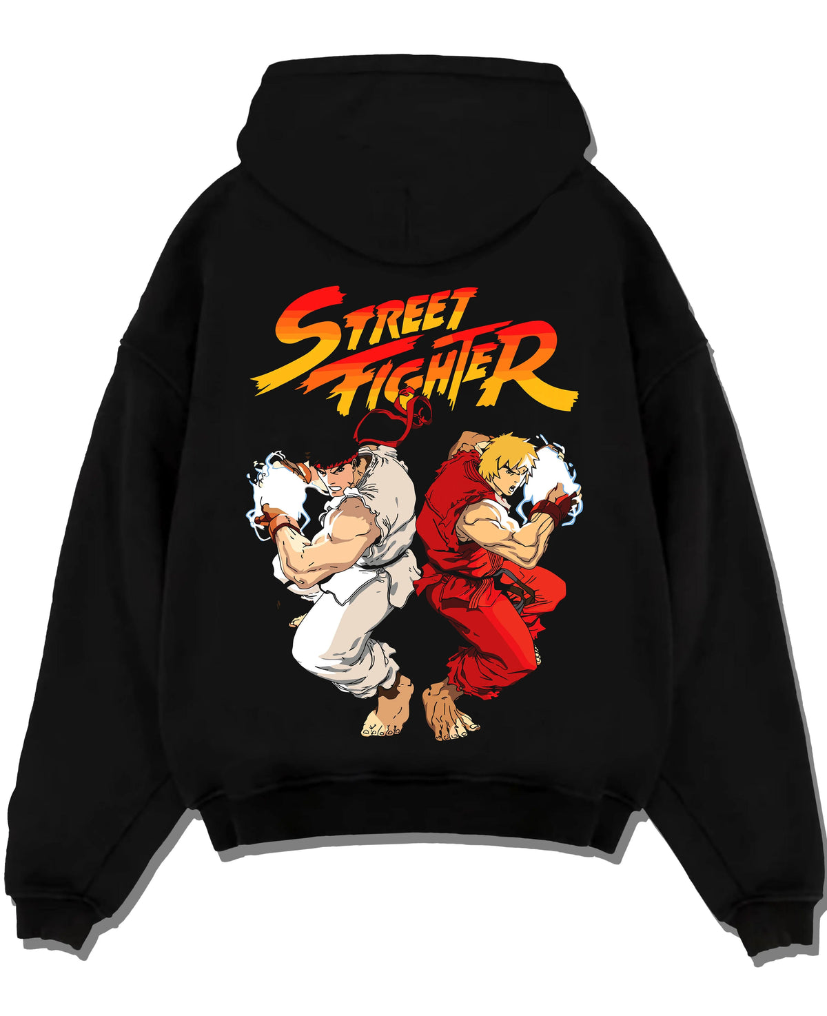 Black hoodie laid flat featuring Ken Masters and Ryu rival battle artwork.