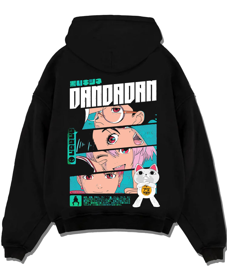 Black hoodie flat back view showing Dandadan ensemble: Okarun, Momo, Aira, Jiji and Turbo Granny (cat)