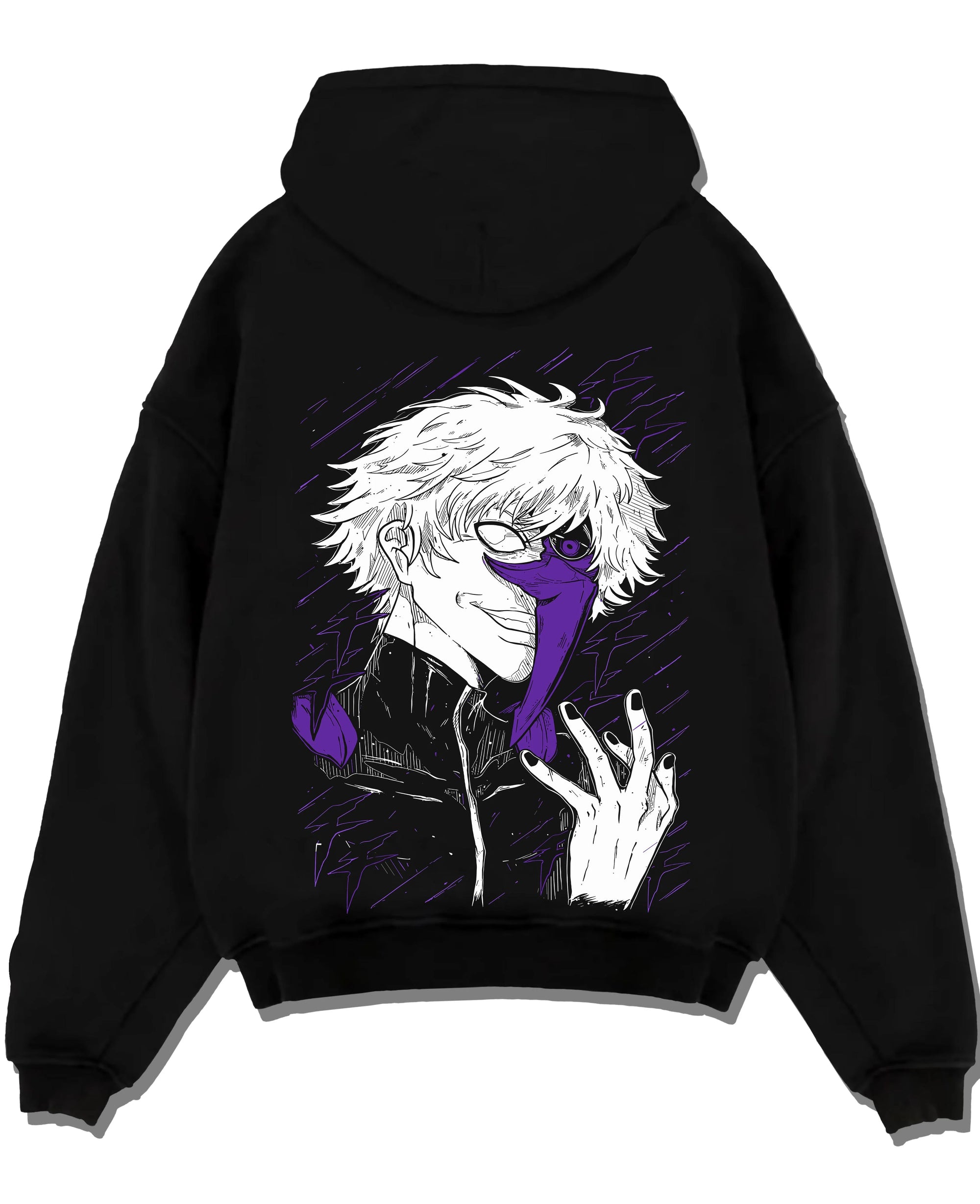 Black pullover hoodie laid flat with Gojo Satoru Hoodie Jujutsu Kaisen Half Mask Pose graphic premium wear.