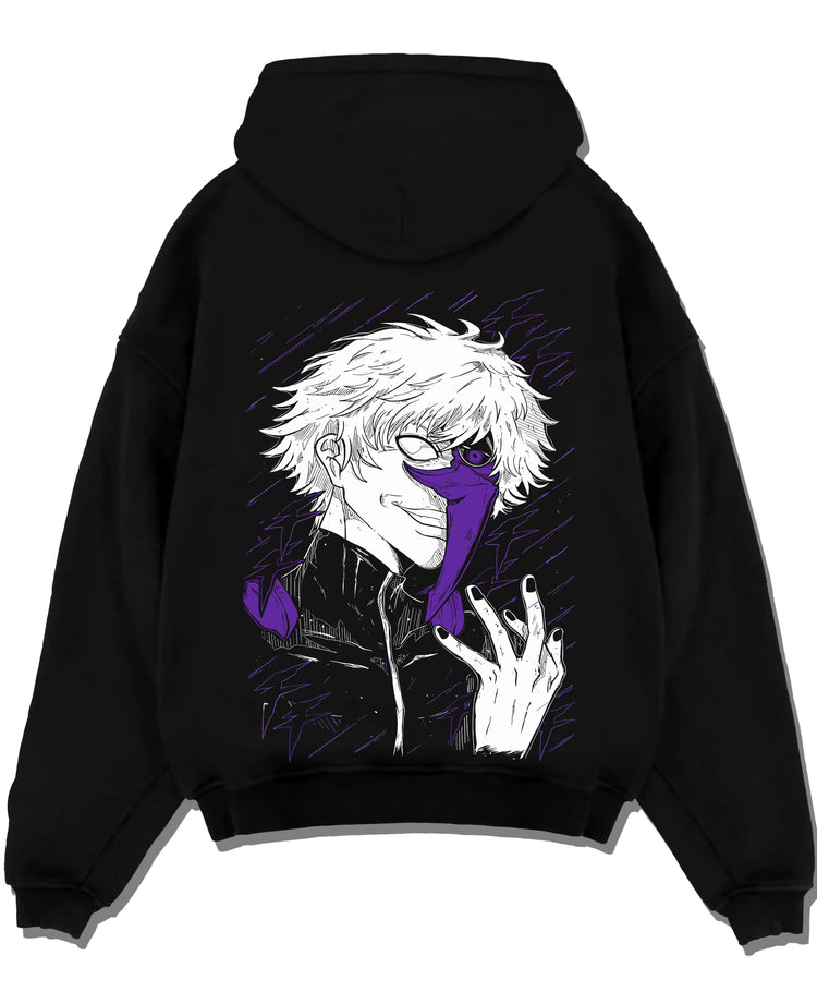 Black pullover hoodie laid flat with Gojo Satoru Hoodie Jujutsu Kaisen Half Mask Pose graphic premium wear.