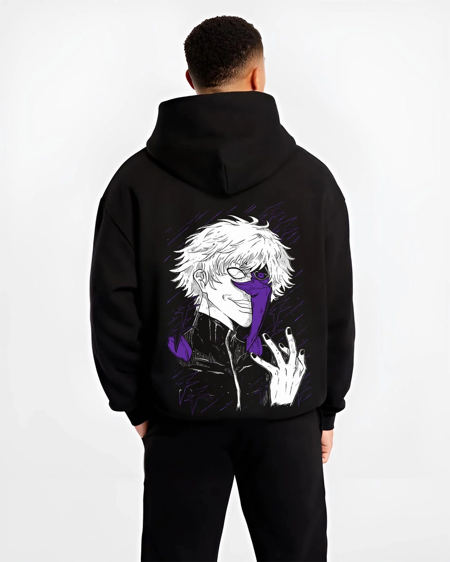 Black hoodie worn by male model, back view with Gojo Satoru Hoodie Jujutsu Kaisen Half Mask Pose graphic streetwear graphic.