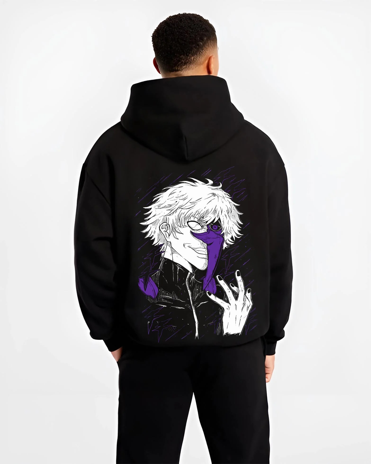 Black hoodie worn by male model, back view with Gojo Satoru Hoodie Jujutsu Kaisen Half Mask Pose graphic streetwear graphic.
