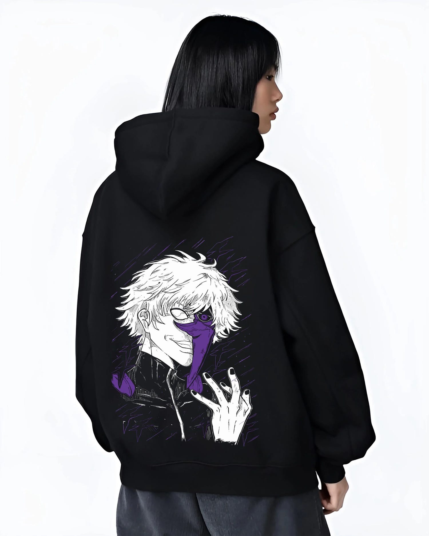 Black hoodie worn by female model, back view with Gojo Satoru Hoodie Jujutsu Kaisen Half Mask Pose graphic bold anime graphic.