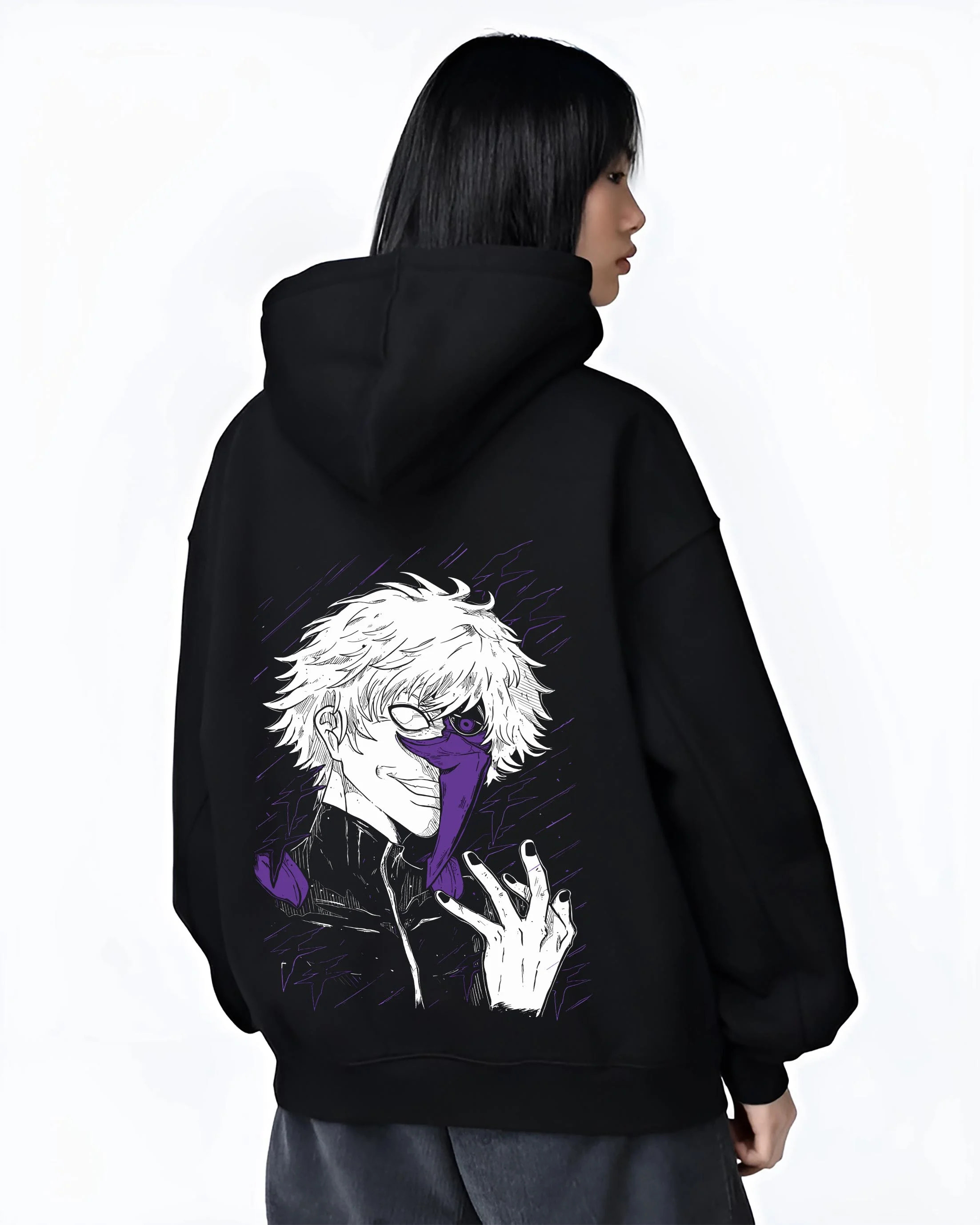 Black hoodie worn by female model, back view with Gojo Satoru Hoodie Jujutsu Kaisen Half Mask Pose graphic bold anime graphic.
