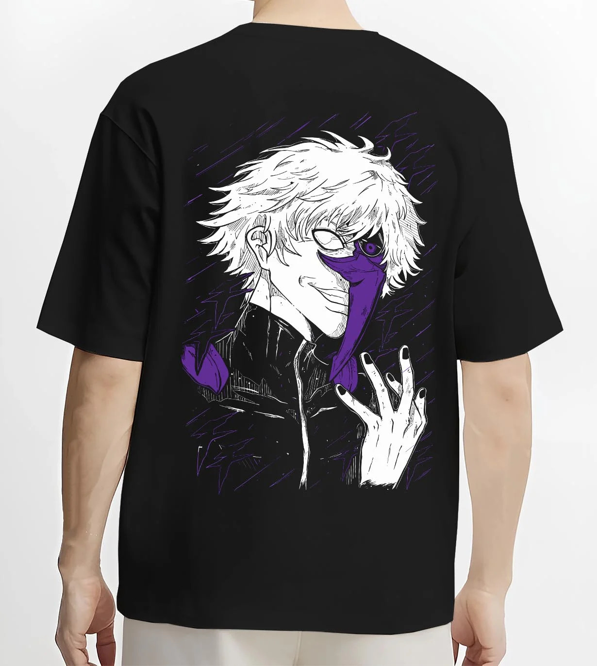 Black T-shirt worn by male model, back view with Gojo Satoru Hoodie Jujutsu Kaisen Half Mask Pose graphic bold anime graphic.