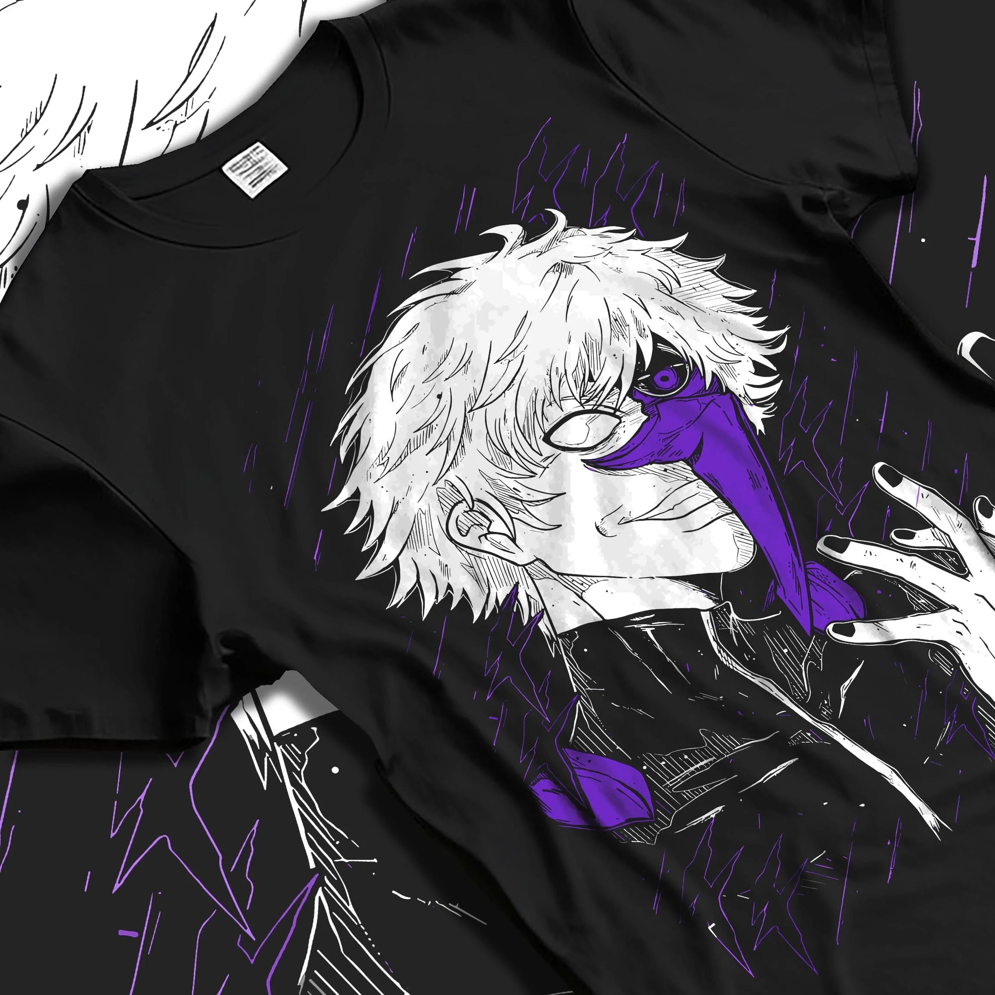 Black T-shirt laid flat with natural folds with Gojo Satoru Hoodie Jujutsu Kaisen Half Mask Pose graphic bold anime graphic.