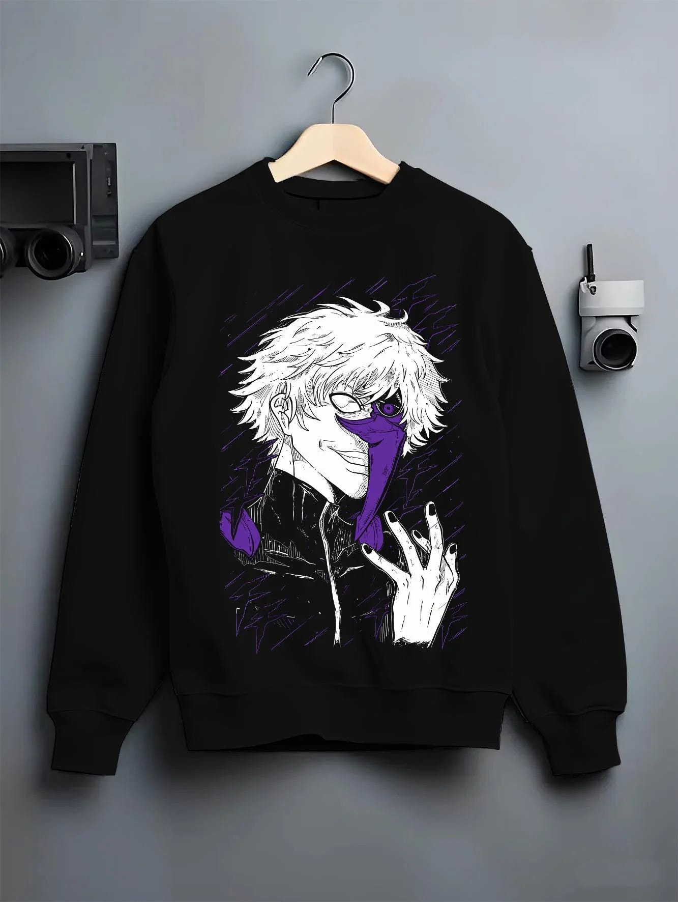 Black crewneck sweatshirt on hanger with Gojo Satoru Hoodie Jujutsu Kaisen Half Mask Pose graphic bold anime graphic.