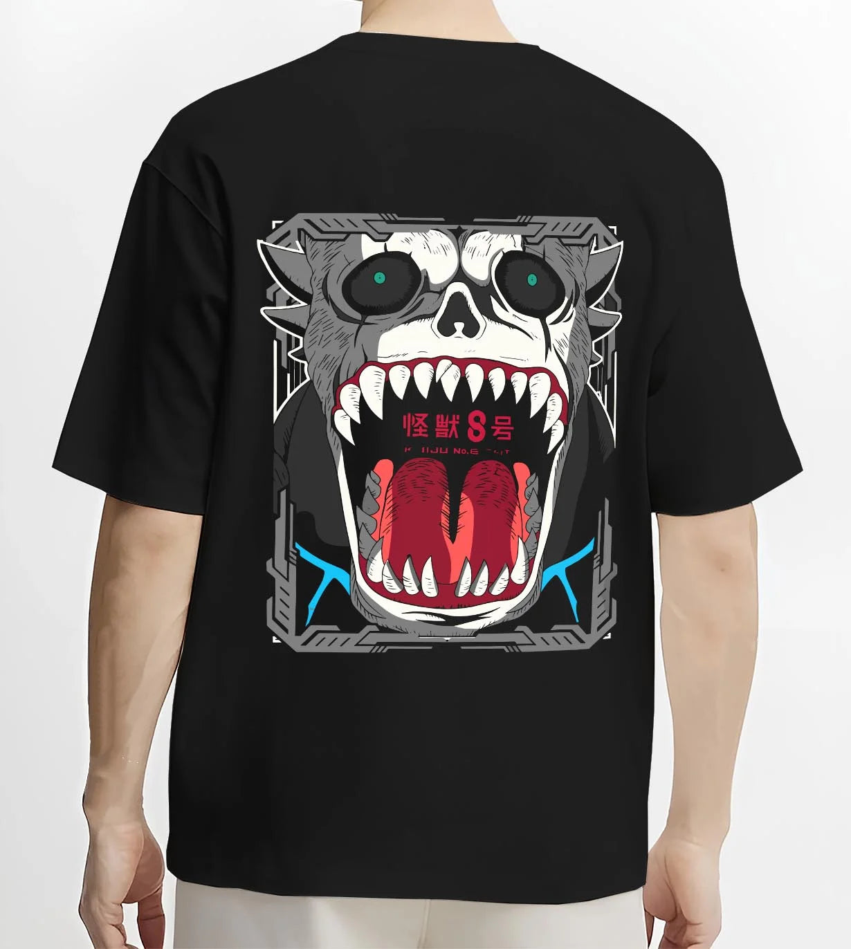 Black T-shirt worn by male model, back view with Kikoru Shinomiya Hoodie Kaiju No. 8 Defense Force graphic premium wear.