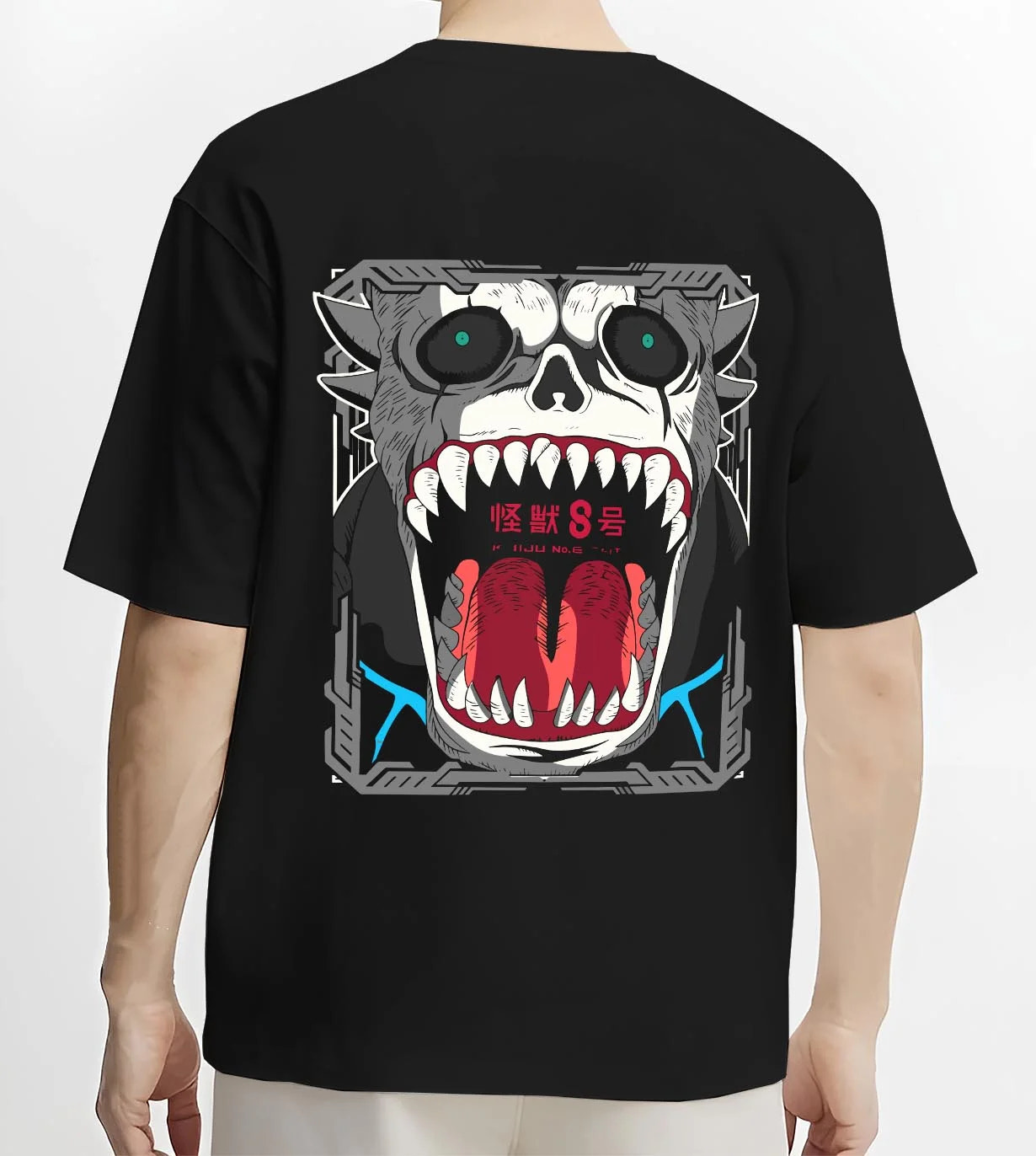 Black T-shirt worn by male model, back view with Kikoru Shinomiya Hoodie Kaiju No. 8 Defense Force graphic premium wear.