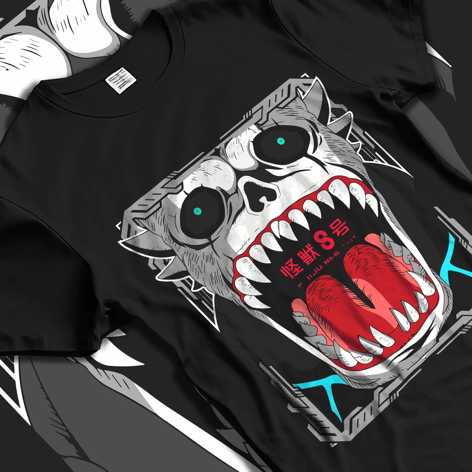 Black T-shirt laid flat with natural folds with Kikoru Shinomiya Hoodie Kaiju No. 8 Defense Force graphic streetwear graphic.