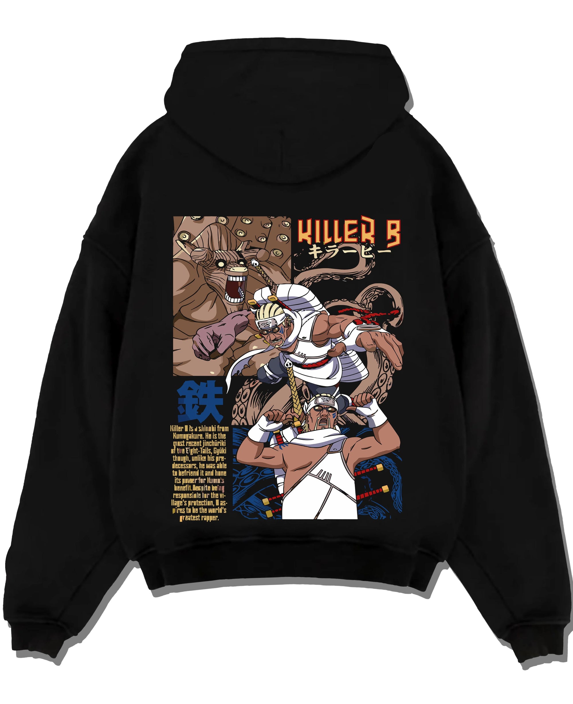 Black pullover hoodie laid flat with Killer Bee Hoodie Naruto Eight Tails Jinchuriki Rap Ninja graphic bold anime graphic.