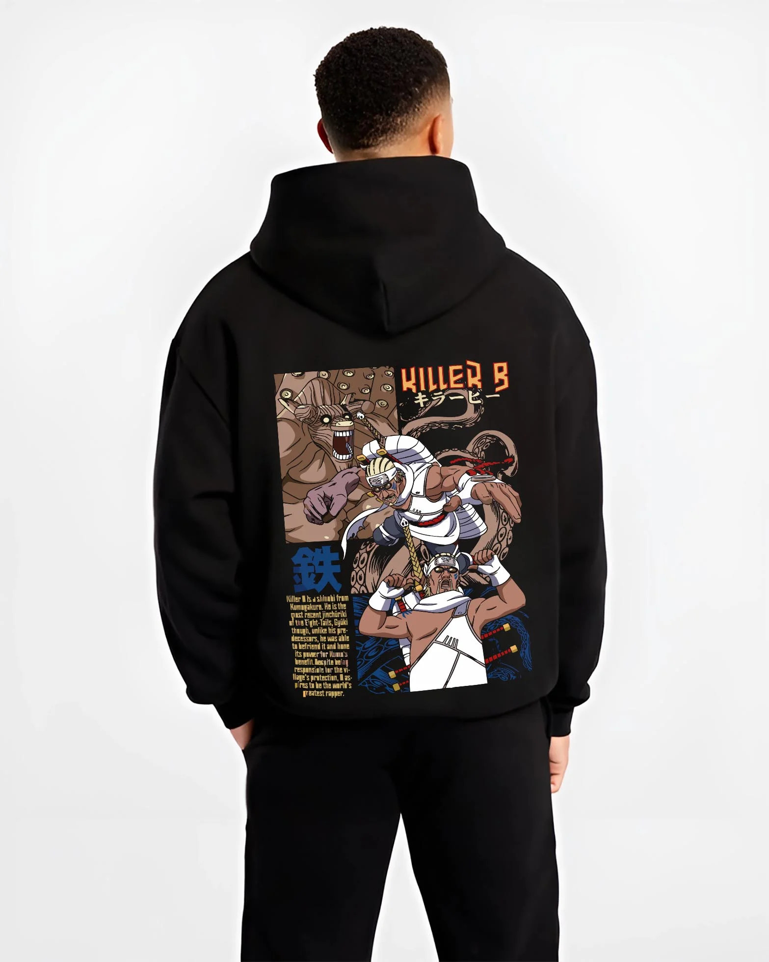 Black hoodie worn by male model, back view with Killer Bee Hoodie Naruto Eight Tails Jinchuriki Rap Ninja graphic premium wear.