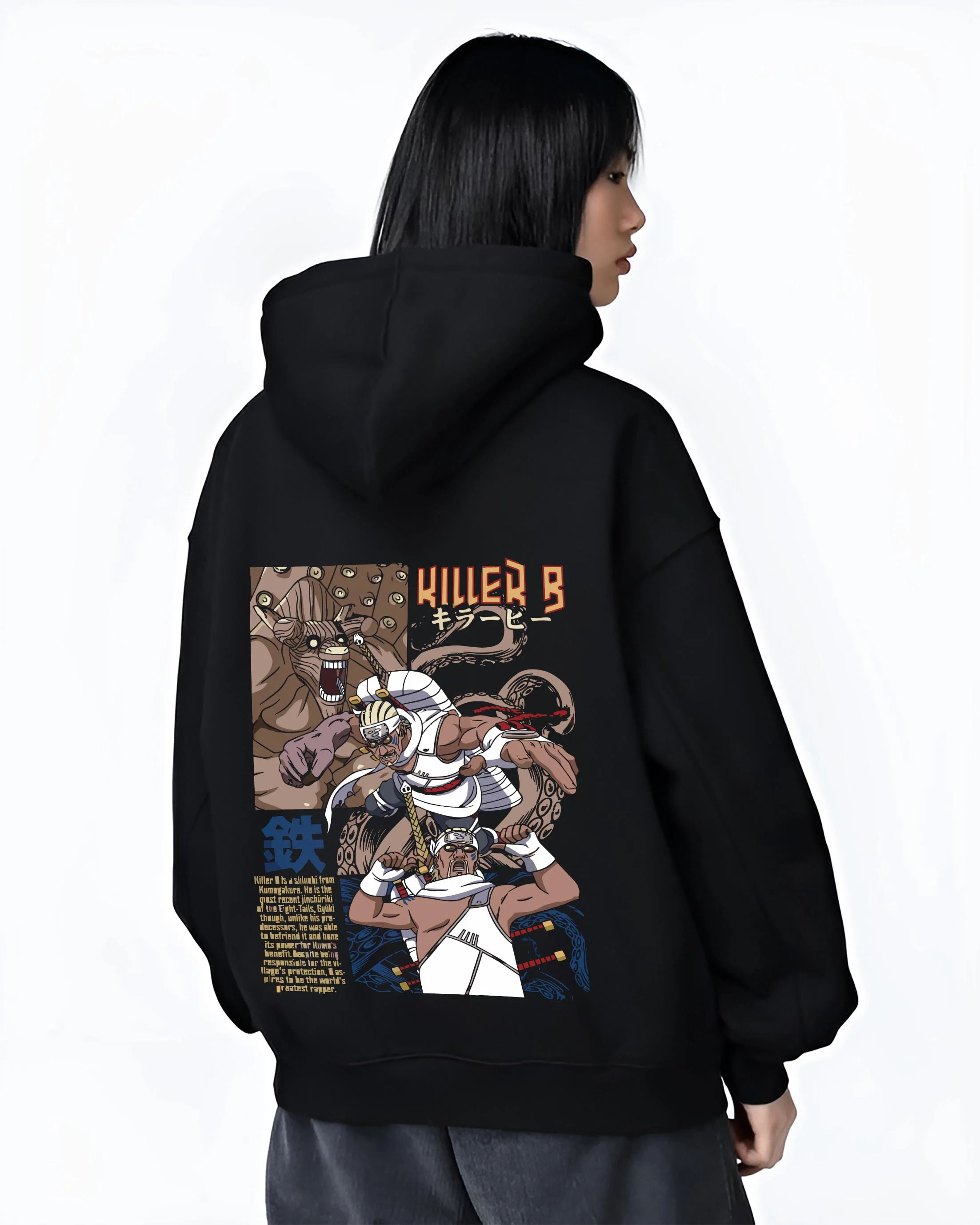 Black hoodie worn by female model, back view with Killer Bee Hoodie Naruto Eight Tails Jinchuriki Rap Ninja graphic bold anime graphic.