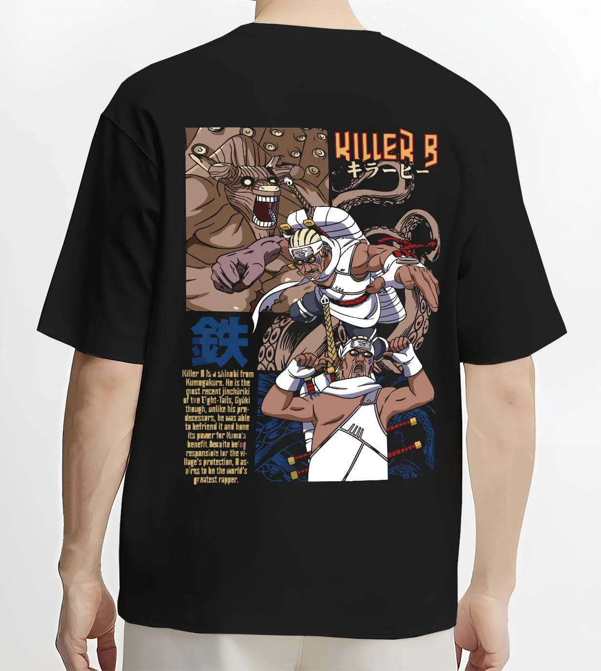 Black T-shirt worn by male model, back view with Killer Bee Hoodie Naruto Eight Tails Jinchuriki Rap Ninja graphic streetwear graphic.