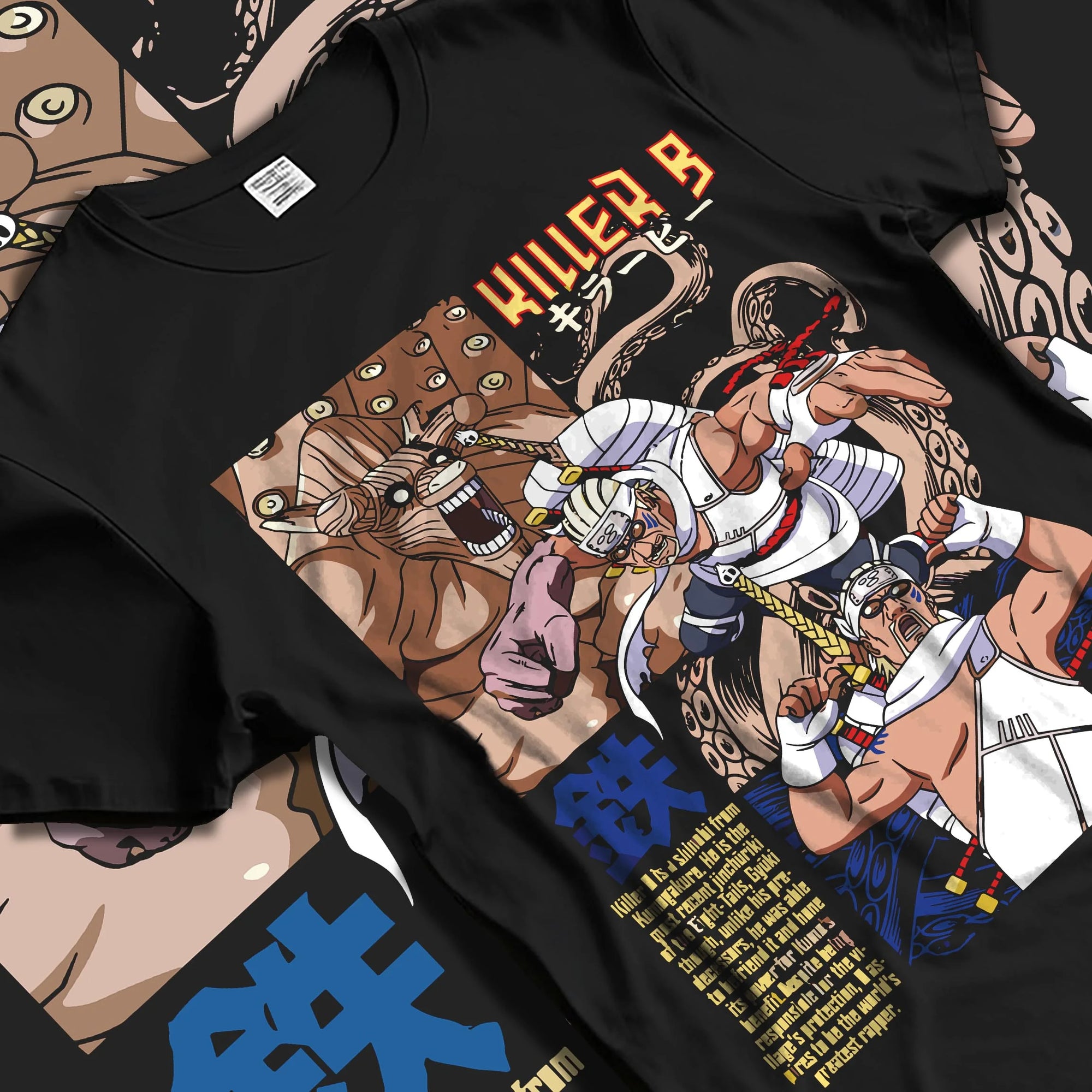 Black T-shirt laid flat with natural folds with Killer Bee Hoodie Naruto Eight Tails Jinchuriki Rap Ninja graphic premium wear.