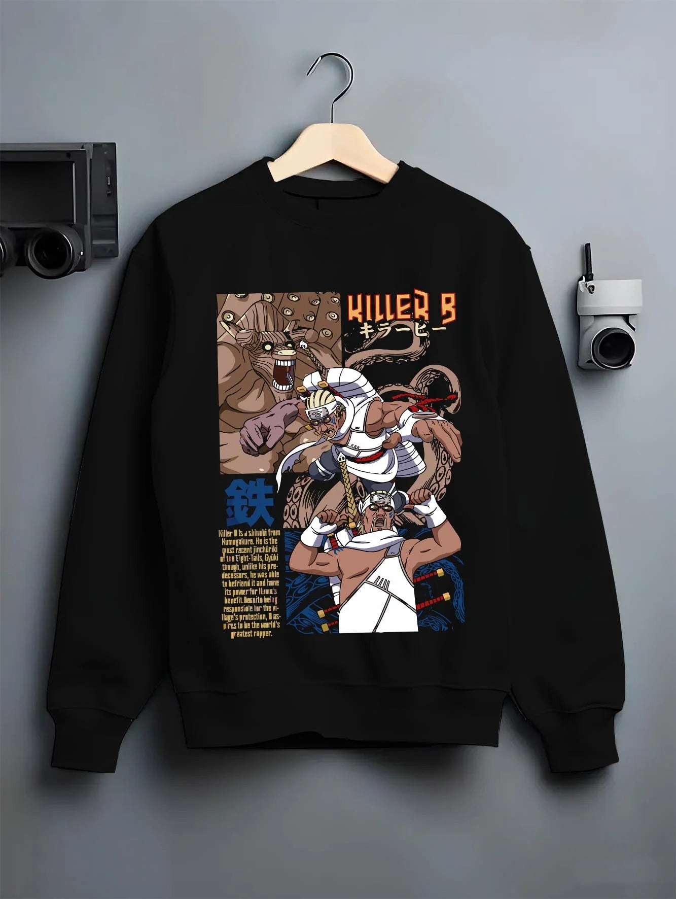 Black crewneck sweatshirt on hanger with Killer Bee Hoodie Naruto Eight Tails Jinchuriki Rap Ninja graphic streetwear graphic.