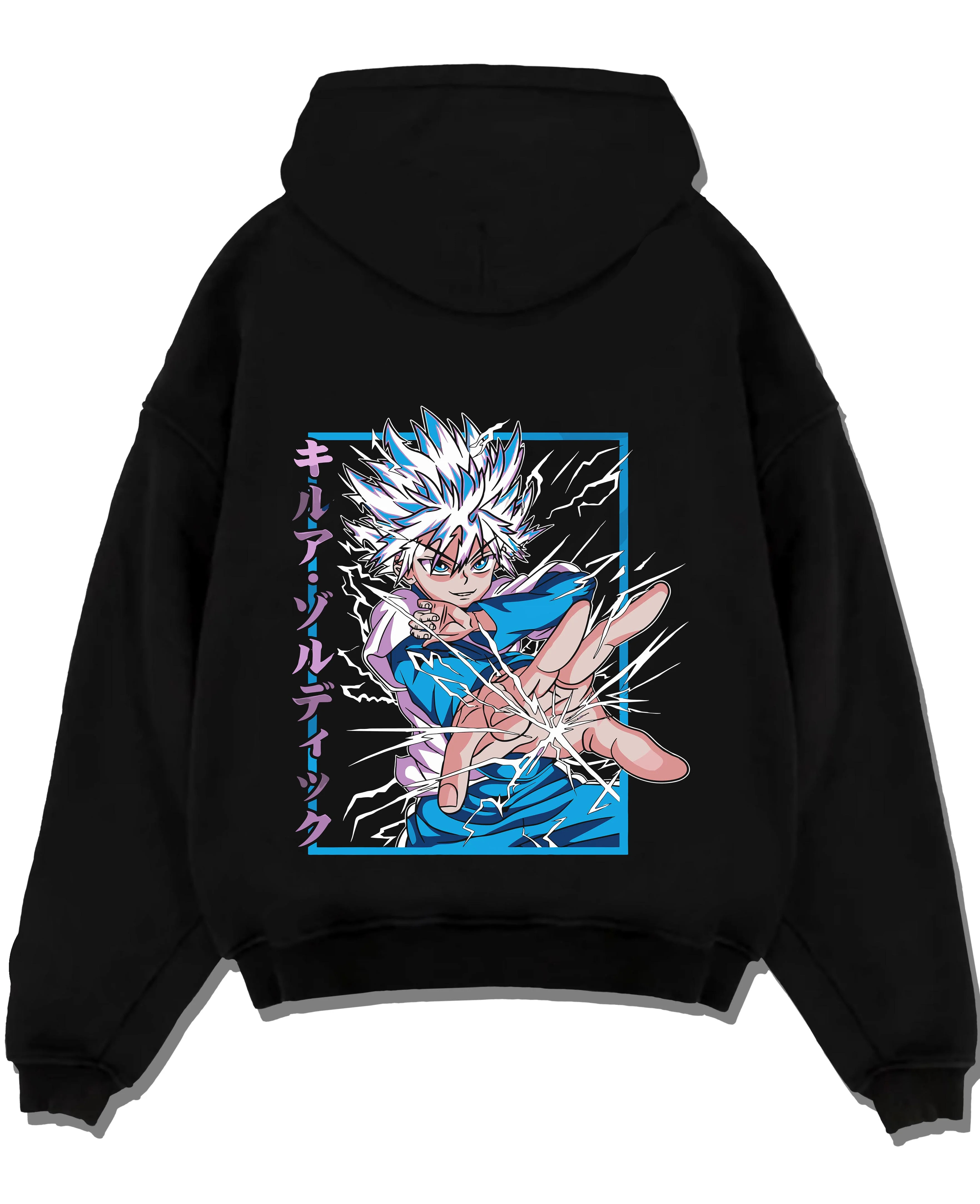 Black pullover hoodie laid flat with Killua Zoldyck Hoodie Hunter x Hunter Lightning Charge graphic bold anime graphic.