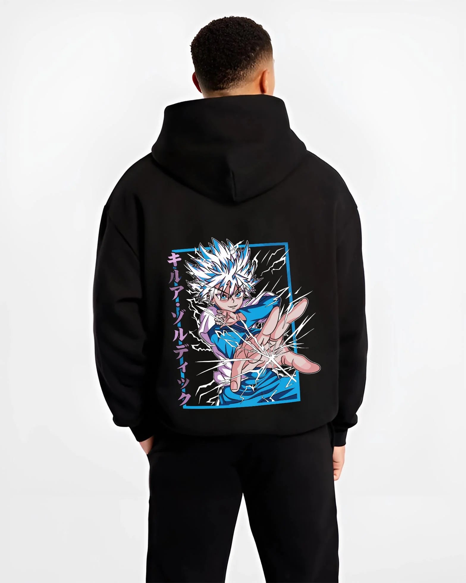 Black hoodie worn by male model, back view with Killua Zoldyck Hoodie Hunter x Hunter Lightning Charge graphic streetwear graphic.