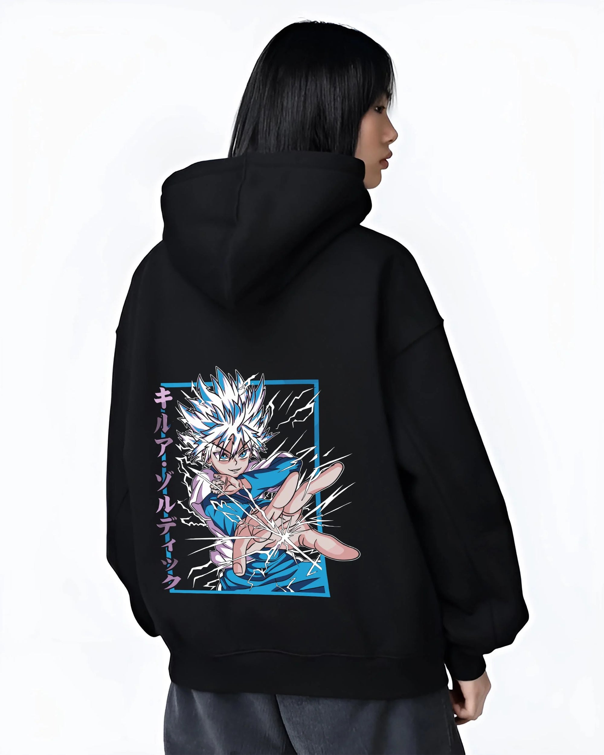 Black hoodie worn by female model, back view with Killua Zoldyck Hoodie Hunter x Hunter Lightning Charge graphic streetwear graphic.